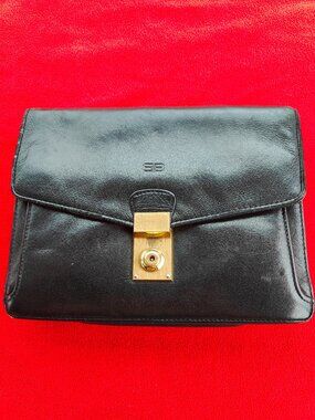 RARE Vintage Balenciaga Paris Black Leather Clutch — Gold Turn-Lock Hardware